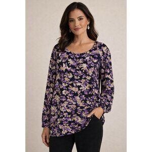 Chico's Women's Black/Purple Organza-Sleeve Blouse Top Sz L Party Casual Boho